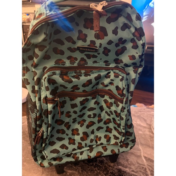 Rockland 17"  Rolling Backpack Teal Leopard Print Wheeled Carry On Travel Bag - Picture 2 of 6